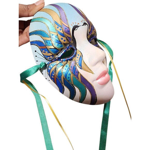 Face Mask Hand Painted with Ribbons Wall Hanging Art Wall Decor - Picture 2 of 7